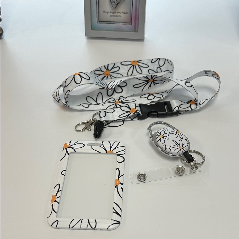 Floral Lanyard and Badge Holder Set - White and Black